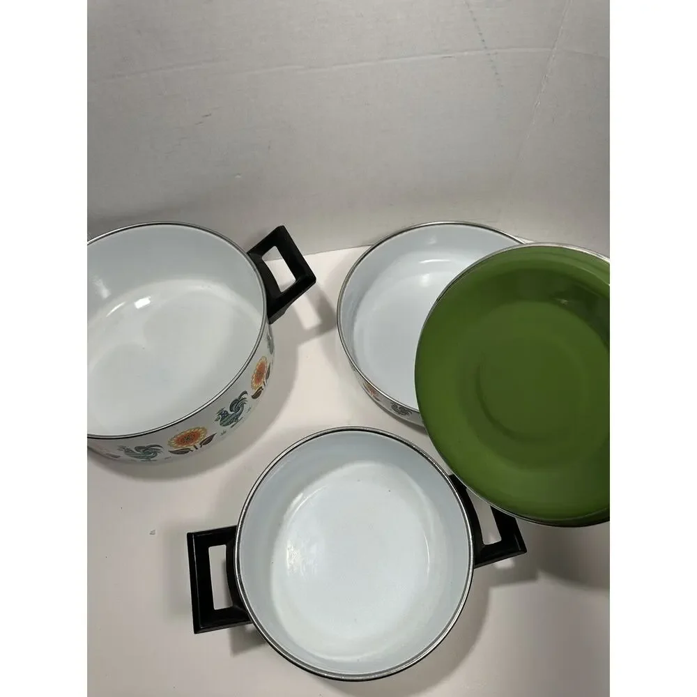 Vtg Lot 3 Enamel Stock Pots Rooster & Poppy Flower‎ 60s 70s Saucer Fry MCM RARE